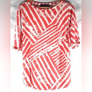 NWOT PECK & PECK Scoop Neck Blouse Top Abstract Orange White Cuffed Sleeve XL